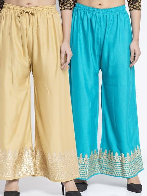 gracit skin & sky blue flared fit rayon palazzos pack of - 2