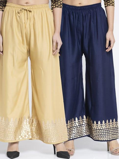 gracit skin & navy flared fit rayon palazzos pack of - 2