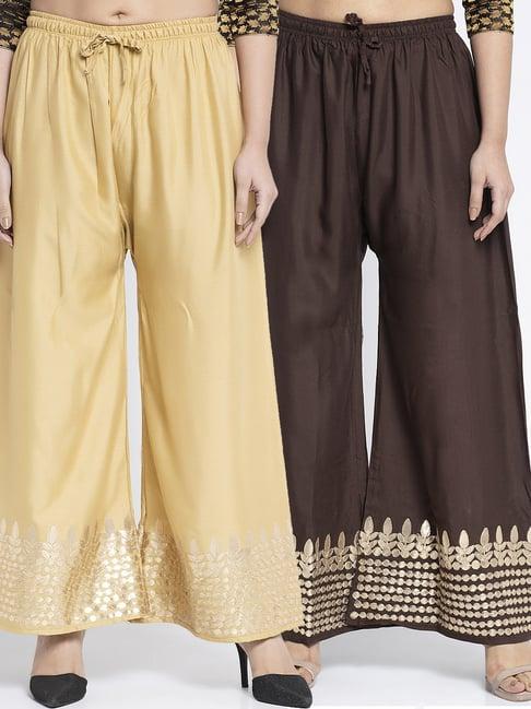 gracit skin & brown flared fit rayon palazzos pack of - 2