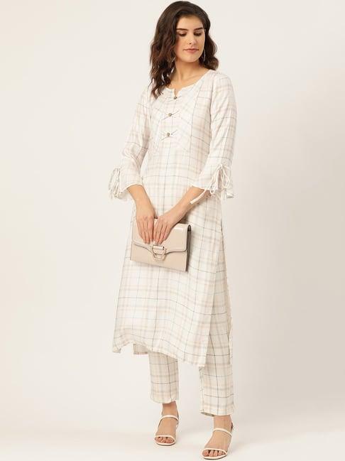 cottinfab off white check rayon kurta pant set