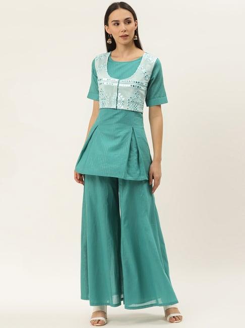 cottinfab turquoise embellished crepe kurti & palazzo set