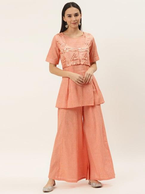 cottinfab peach embellished crepe kurti & palazzo set