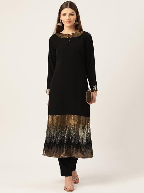 cottinfab black embellished polyester polyester kurta pant set