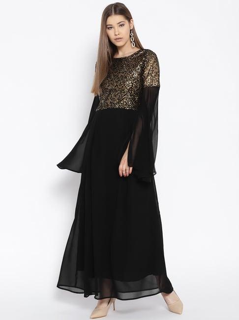 cottinfab black embellished maxi georgette dress