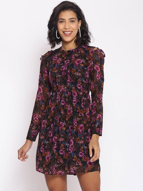 cottinfab black printed a-line georgette dress