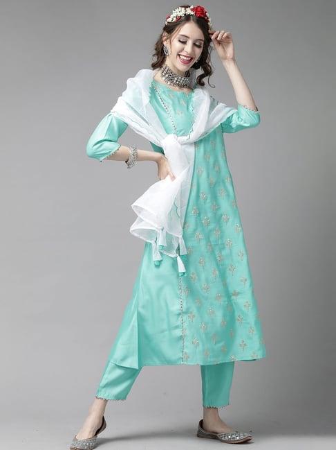 indo era turquoise embellished kurta pant set with dupatta