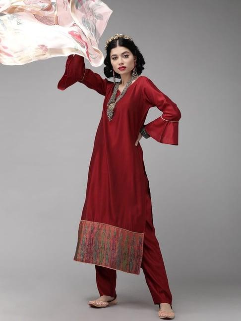 indo era red kurta pant set with dupatta