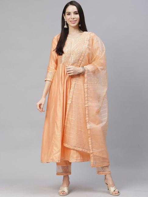 indo era peach cotton kurta pant set with dupatta