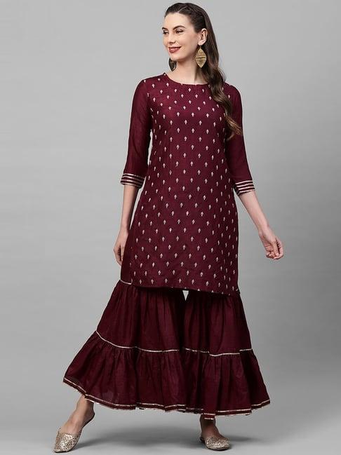 indo era maroon embroidered kurta sharara set