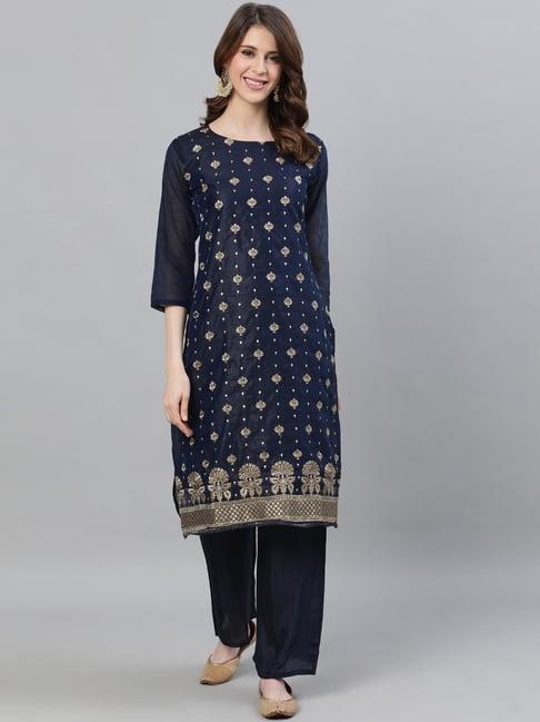 ishin chanderi silk navy blue embroidered straight kurta palazzo set