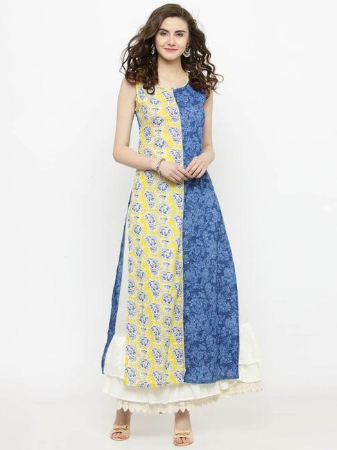 sera blue & yellow floral print kurta