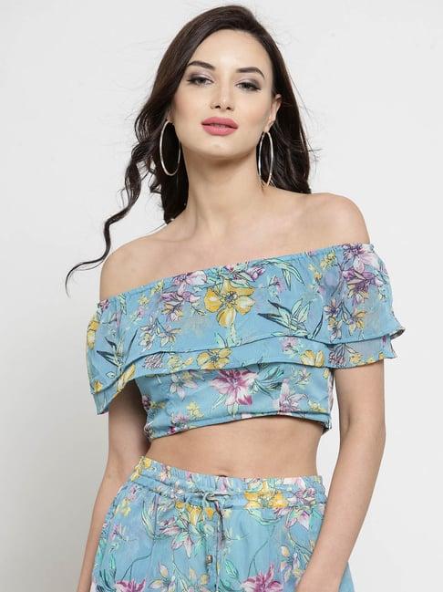 sera blue floral print crop top