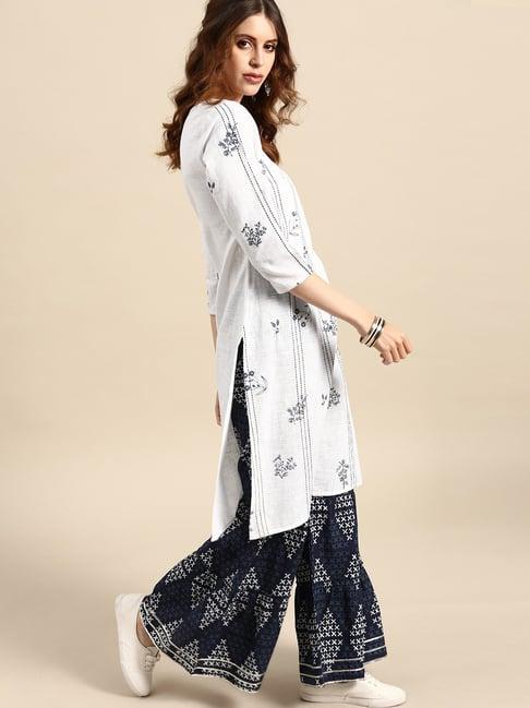 rangmayee white & blue embroidered kurta with sharara & dupatta