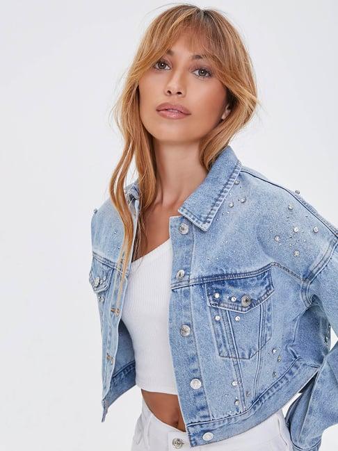 forever 21 blue embellished crop jacket