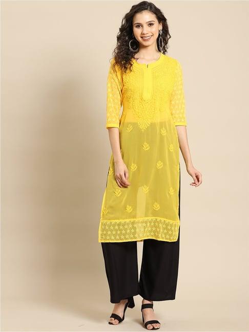 saadgi mustard embroidered handloom georgette kurta palazzo set