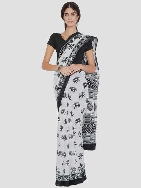 kalakari india white cotton printed saree with unstitched blouse