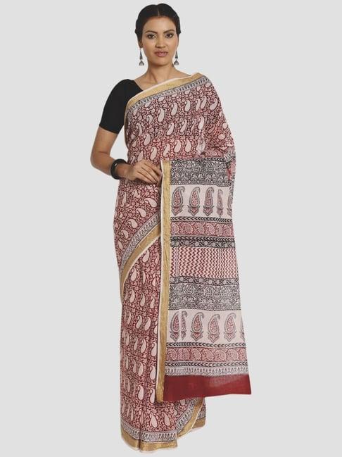 kalakari india brown & white cotton printed saree with unstitched blouse