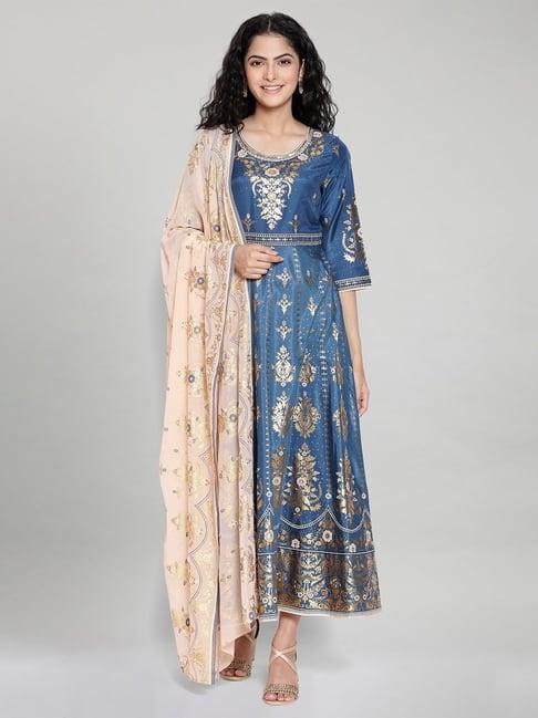 aurelia blue printed dress with dupatta