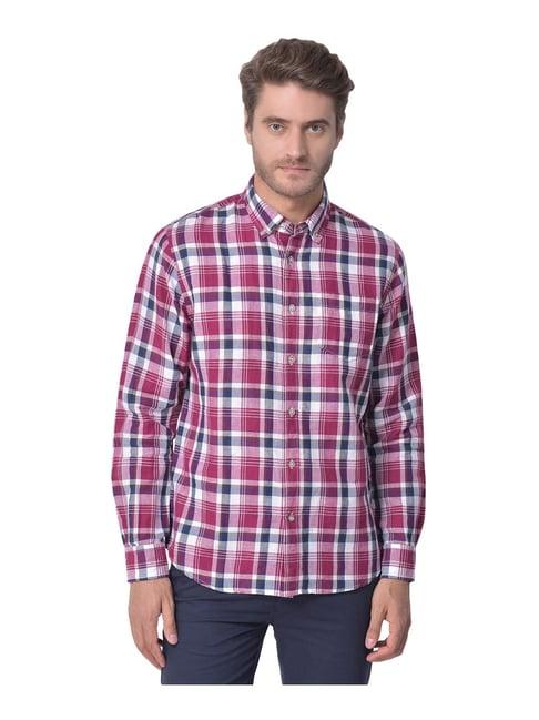 woods plum cotton linen regular fit checks shirt