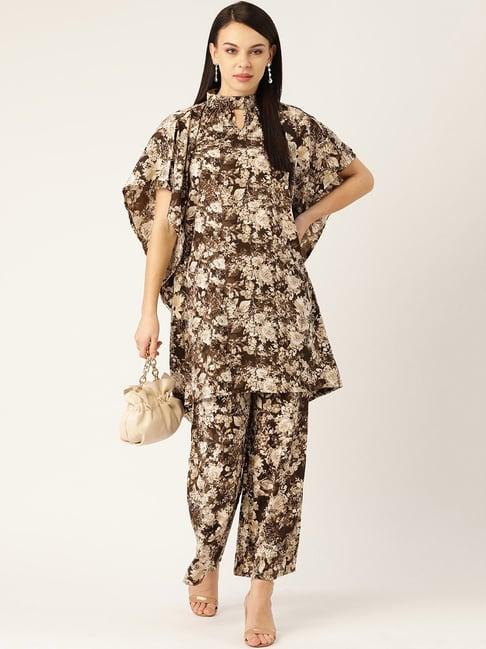 cottinfab brown & beige printed crepe kaftan & palazzo set