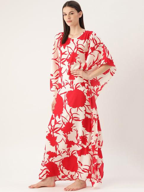 cottinfab polyester red & off white printed kaftan night dress