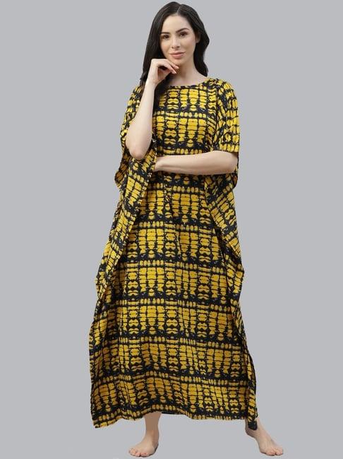 cottinfab crepe yellow printed kaftan night dress