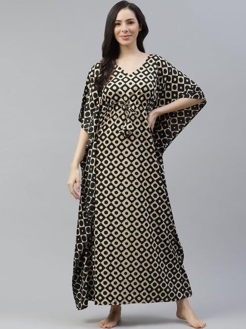 cottinfab polyester black & beige printed kaftan night dress