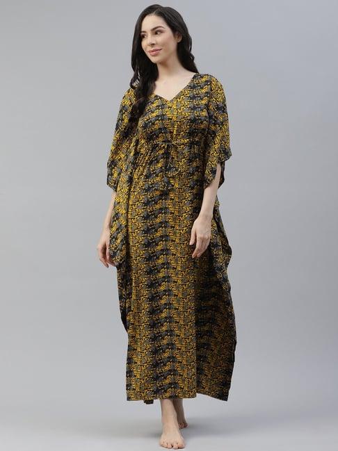 cottinfab crepe yellow & black printed kaftan night dress