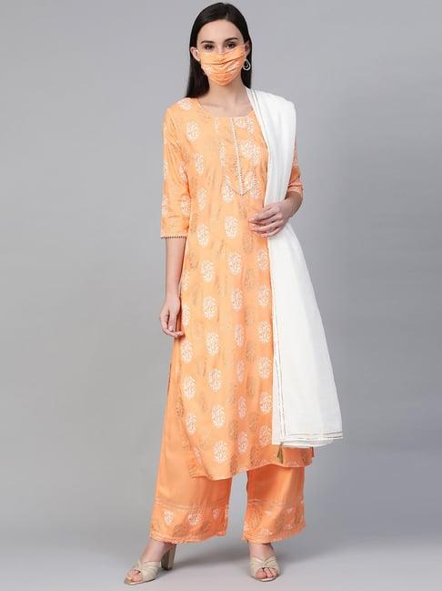 sringam peach cotton printed kurta palazzo set with dupatta & mask