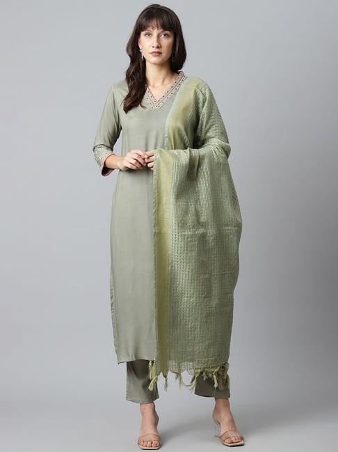 sringam green kurta pant set with dupatta