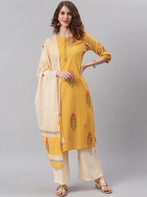 janasya yellow & beige striped kurta with palazzo & dupatta