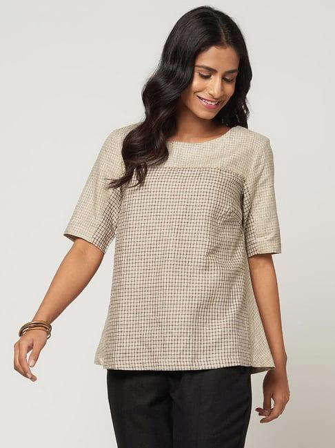 fabindia beige linen embroidered top