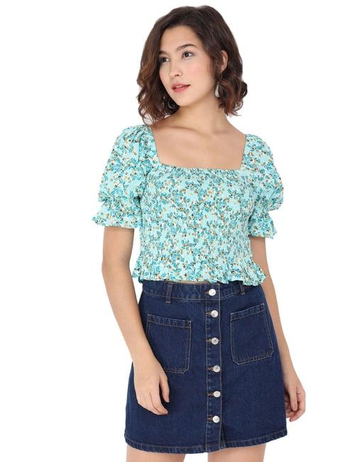 trend arrest blue floral print crop top