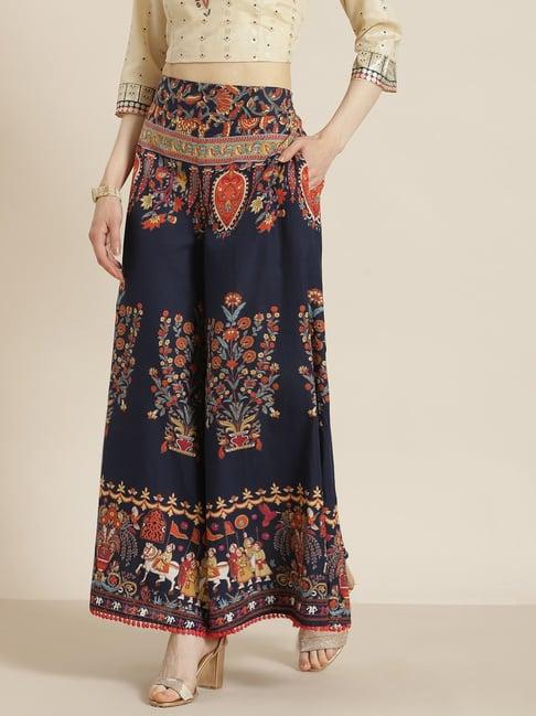 juniper indigo ethnic motif printed flared cotton women palazzo with one pocket