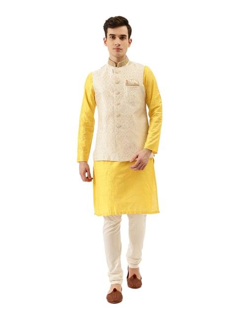 manyavar yellow & cream regular fit kurta pyjama & jacket