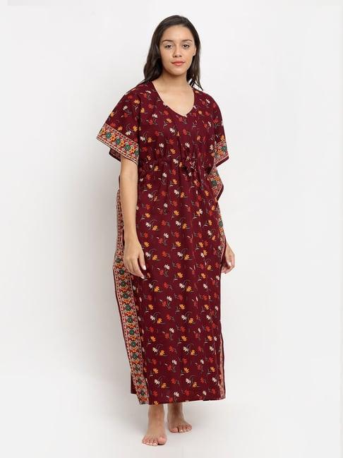 secret wish maroon floral print kaftan nighty