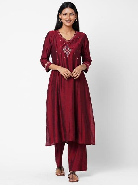 kami kubi maroon embroidered kurta palazzo set