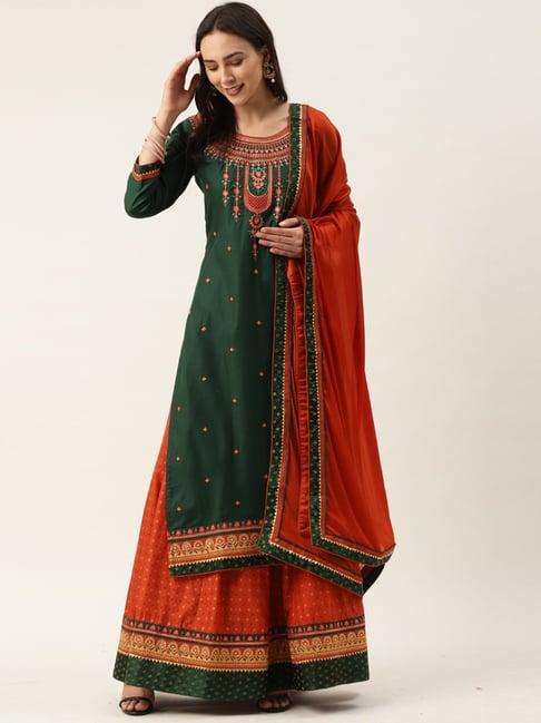 kvs fab dark green embroidered kurta with skirt & dupatta