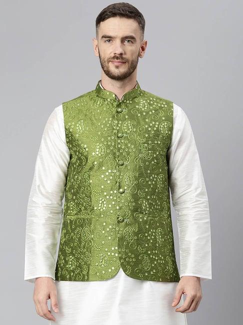 hangup green regular fit sleeveless nehru jacket