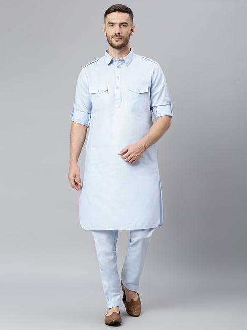 hangup blue solid full sleeves pathani kurta set