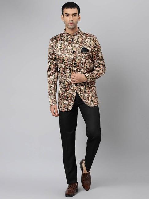 hangup brown printed mandarin collar suit