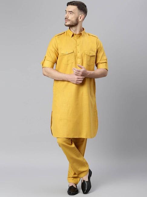 hangup mustard solid full sleeves pathani kurta set