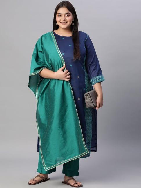 jaipur kurti blue handloom jacquard woven design kurta with pants & dupatta