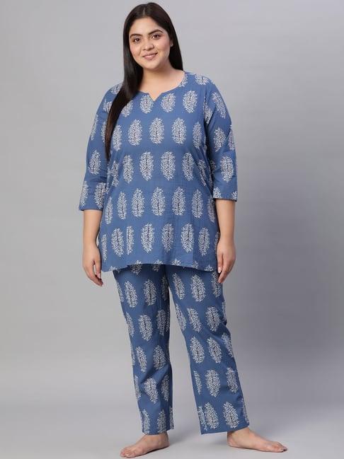 jaipur kurti blue cotton printed straight fit short kurta pyjama loungewear