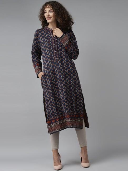 cayman navy wool printed straight kurta