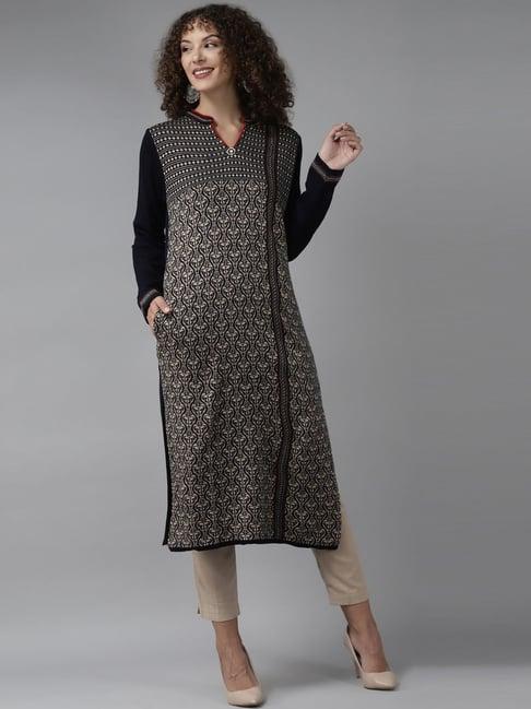 cayman navy & beige wool printed straight kurta