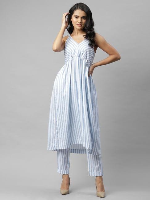 rigo blue striped kurta pant set with mask