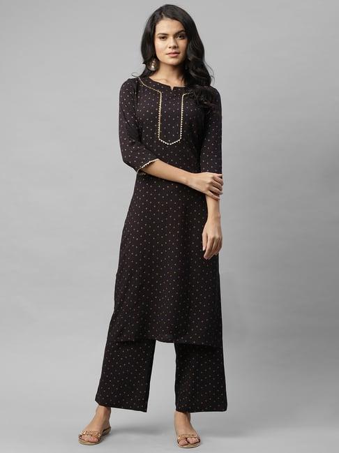 rigo black printed kurta & palazzo set with mask