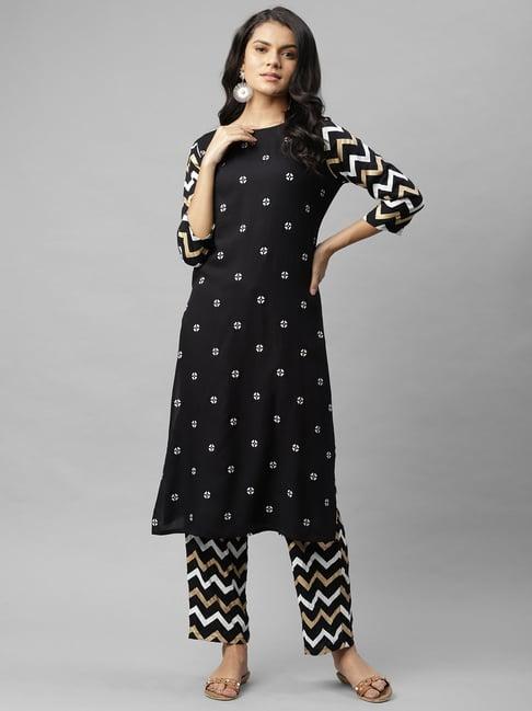 rigo black printed kurta & palazzo set with mask