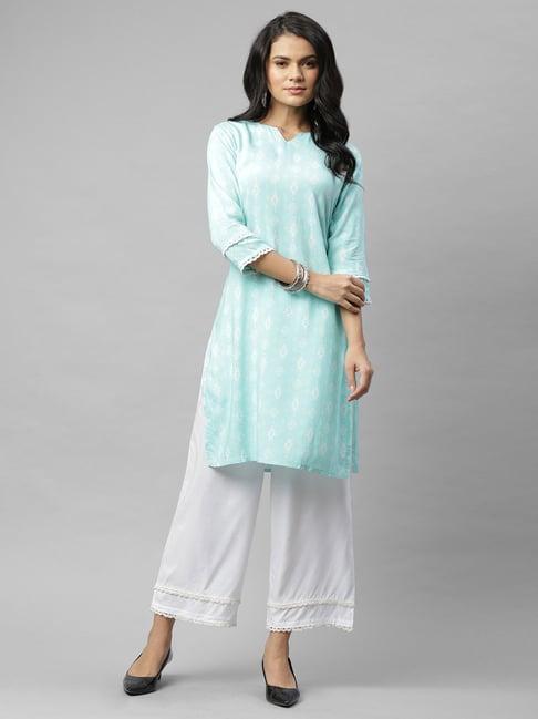 rigo blue printed kurta & palazzo set with mask